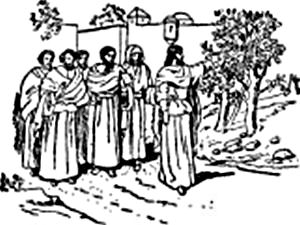 Jesus, followed by some of his disciples walk along a road.