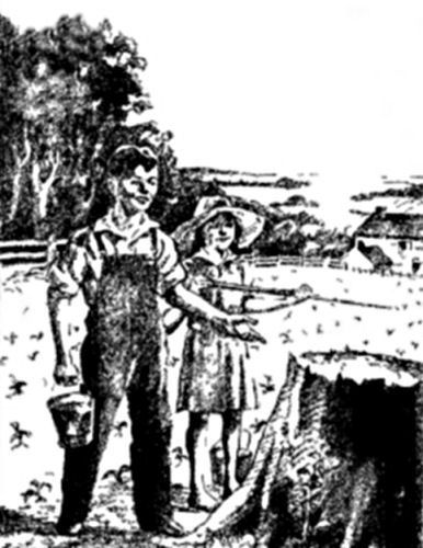 A boy and a girl stand in front of a tree stump.