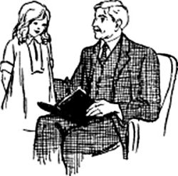 A little girl stands beside an elderly man; he is sitting holding an open book.