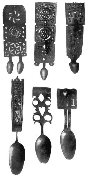 FIG. 85.—OLD WELSH LOVE SPOONS.

(In the National Museum of Wales.)