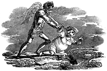 The man-fiend pushes the woman into a stream. The dog-fiend is head-first in the stream.