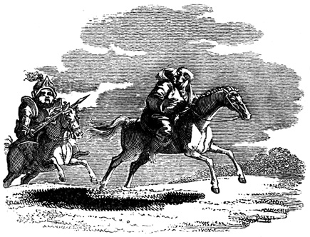 Two men ride horseback.