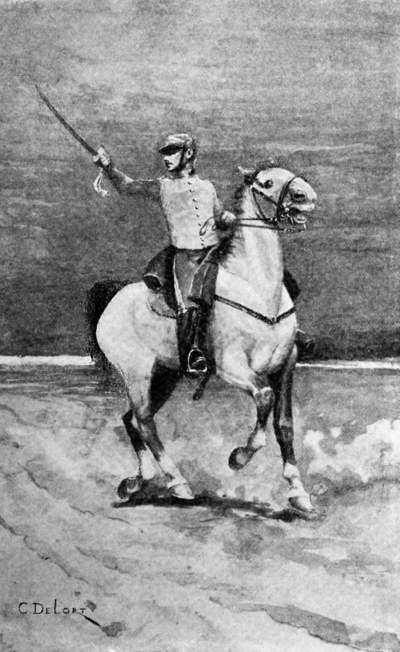 A mounted cavalryman with sword raised.