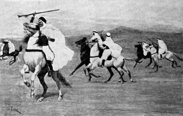 Arab horsemen with weapons at the gallop.