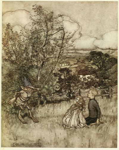 In the very spot where Dan had stood as Puckthey now saw a small, brown, broad-shouldered, pointy-eared person with a snub nose, slanting blue eyes, and a grin that ran right across his freckled face. Illustration to page 6