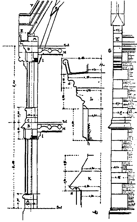 Fig. 42.—Coupe des murs de face et dtails.