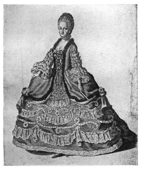 MARIE ANTOINETTE, QUEEN OF LOUIS XVI., SHOWING HOW MECHLIN LACE
WAS USED.

From an old fashion plate.