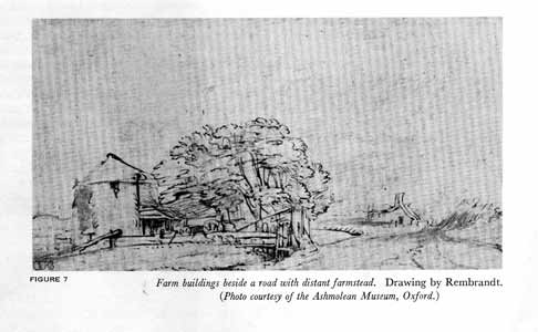 Farm buildings beside a road with distant farmstead. Drawing by 