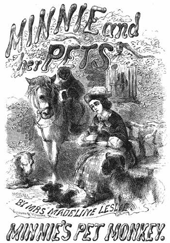 A seated girl, holding a cat, surrounded by a pony, monkey, lamb, two dogs, and a parrot
