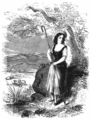 A girl holding a shepherd's crook, standing under a tree.