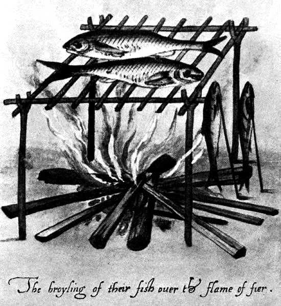 The broyling of their fish over the flame of
fire.