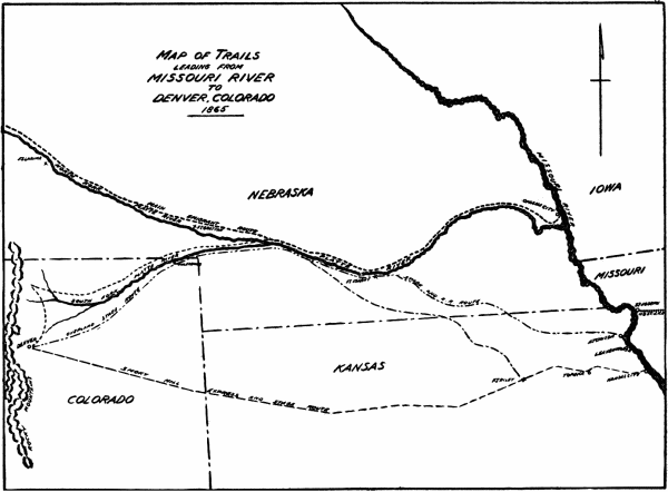 MAP OF TRAILS
LEADING FROM
MISSOURI RIVER
TO DENVER, COLORADO
1865