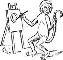 monkey at easel, painting his tail