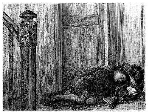 Illustration: Fast asleep, with his head on the dog