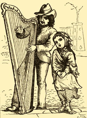 He strums a harp while the little girl sings.