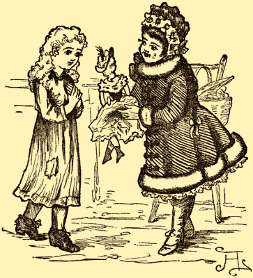 The rich girl gives the ragged girl a doll.