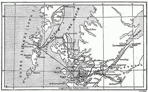 PRINCE CHARLIE'S WANDERINGS. The black lines indicating land and the dotted lines sea journeys.