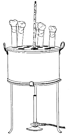 Fig. 121.—Handy form of water-bath for melting tubes of
agar and gelatine previous to slanting them; or to making shake cultures
or pouring plates.