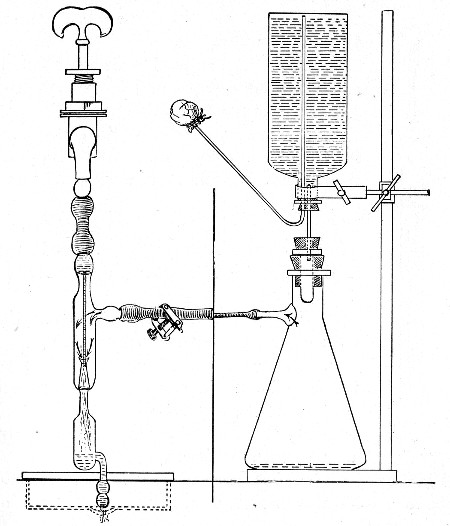 Fig. 209.—Water filtering apparatus. That portion of the
figure to the left of the vertical line is drawn to a larger scale than
that on the right, in order to show details of Sprengel's pump.