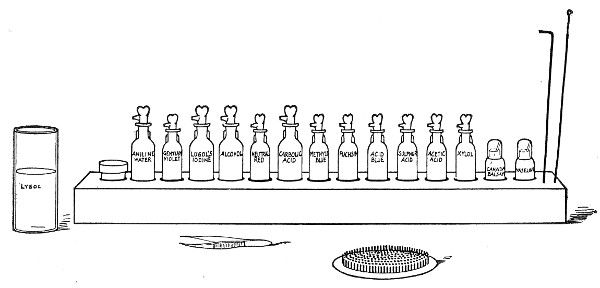 Fig. 65.—Staining rack, rubber change mat and lysol
pot.