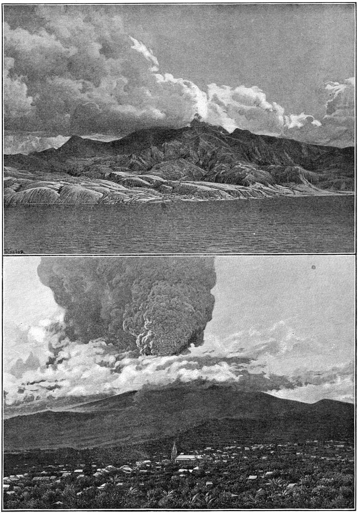 De vulkaan, uit zee gezien, met den in ’t midden van den krater gevormden kegel.—Uitbarsting van den Mont Pelé, gezien van Morne Rouge.