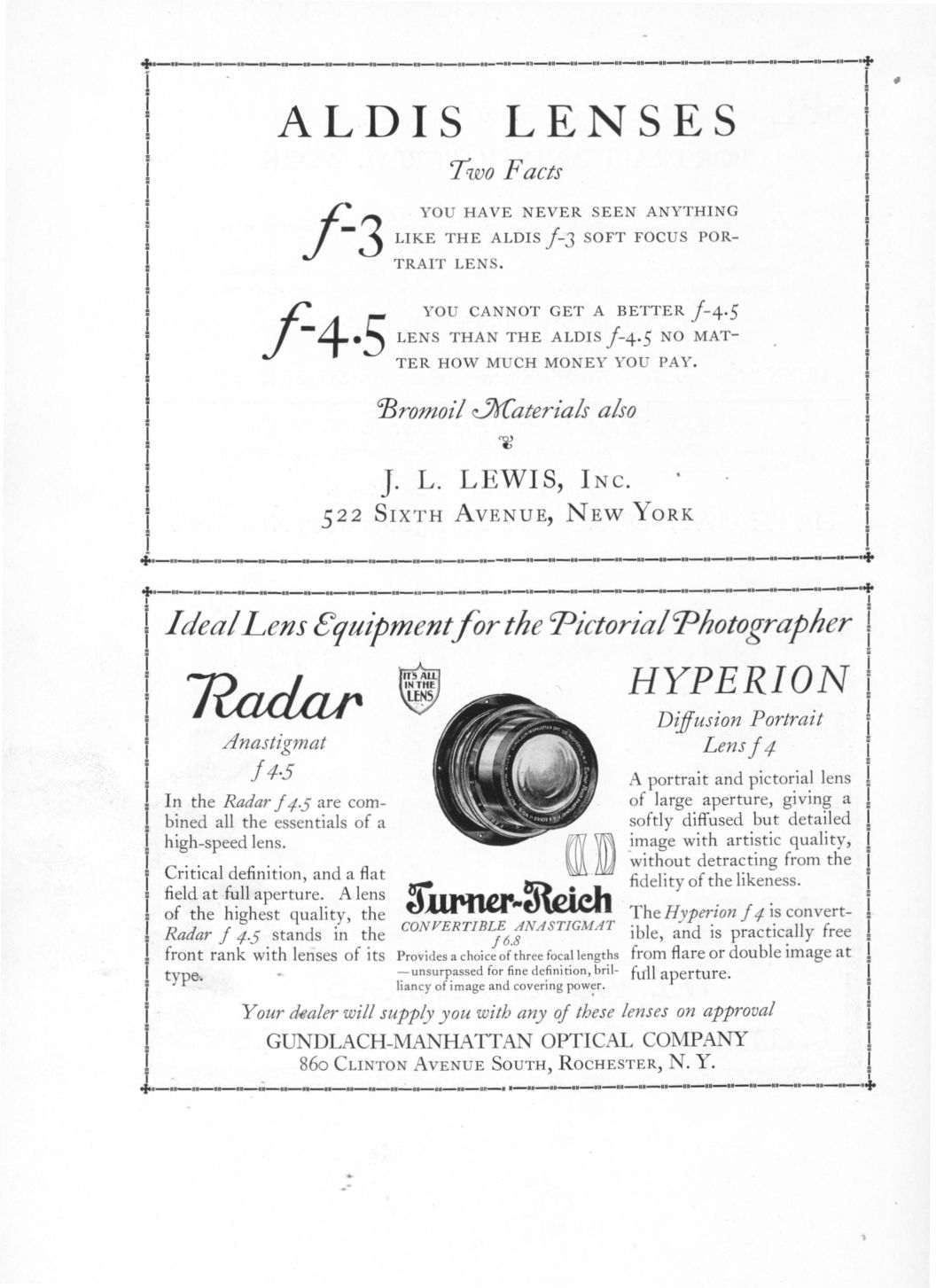 Advertisements: J. L. Lewis, Inc., Gundlach-Manhattan Optical Company