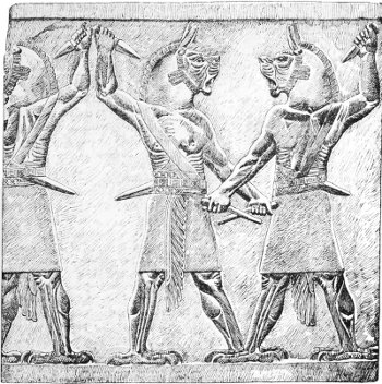 Fig. 6.—Demons; from the palace of Assurbanipal at
Kouyundjik. British Museum. Drawn by Saint-Elme Gautier.