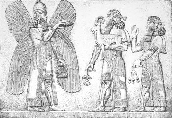 Fig. 29.—Offerings to a god; Alabaster relief. Louvre.
Height 10 feet. Drawn by Saint-Elme Gautier.