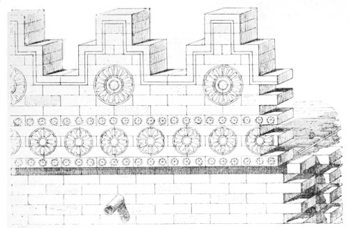 Fig. 106.—Battlements of Sargon's palace at Khorsabad;
compiled from Place.