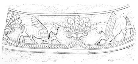 Fig. 139.—Winged bulls and palmette; from Layard.