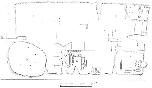 Fig. 145.—General plan of the remains at Nimroud; from Layard.
1, 2, 3 Trenches, 4 Central palace, 5 Tombs, 6 South-eastern edifice, 7
South-western palace, 8 North-western palace, 9 High pyramidal mound.