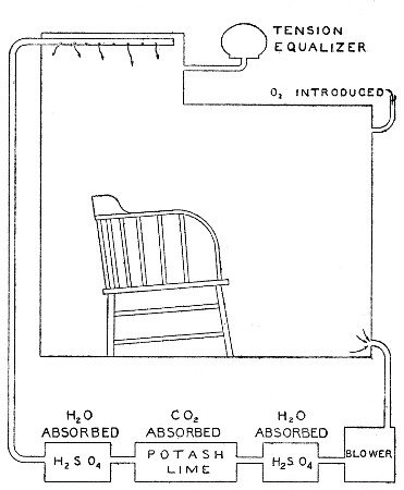 Fig. 27.—Diagram of ventilation of respiration
calorimeter. The air is taken out at lower right-hand corner and forced
by the blower through the apparatus for absorbing water and carbon
dioxide. It returns to the calorimeter at the top. Oxygen can be
introduced into the chamber itself as need is shown by the tension
equalizer.