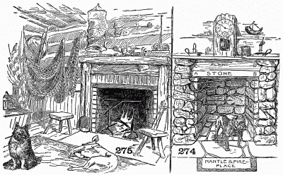 Fireplace in author's cabin, and suggestion for stone and wood mantel.