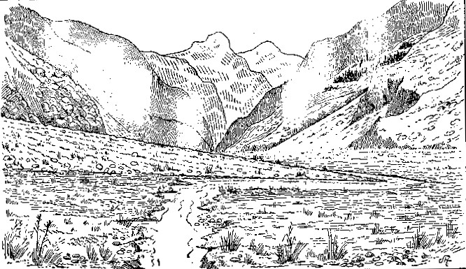 Fig. 29.—Diagram of an Alpine valley, showing a river
cone. Lateral view.