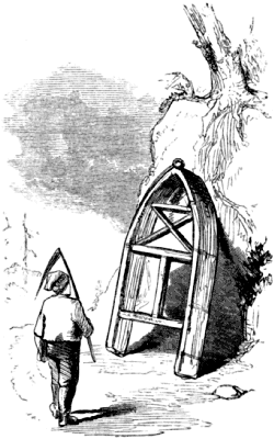 A man with a scythe looks at the propped up snow-plow