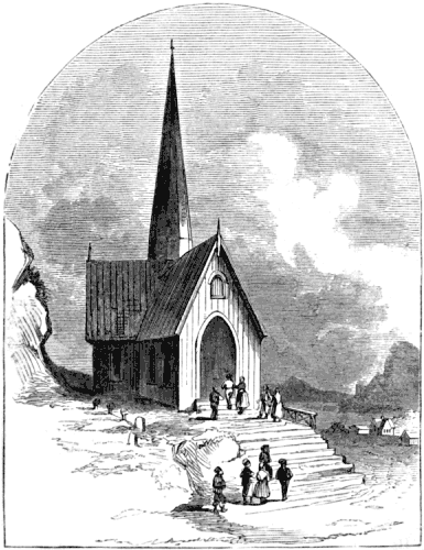 A few people gather outside the wooden church with the tall narrow spire