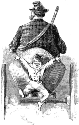 A cariole, seen from the back, driven by a portly man, with a small boy hanging on behind