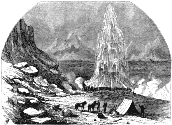 A small encampment of three men watch as the geyser spouts water