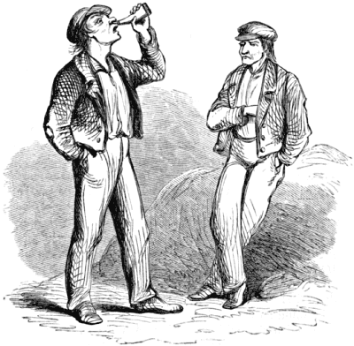 A man takes snuff from a horn flask as another man stands nearby