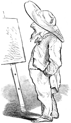 The artist, hands in pockets, stares at a sketch on an easel