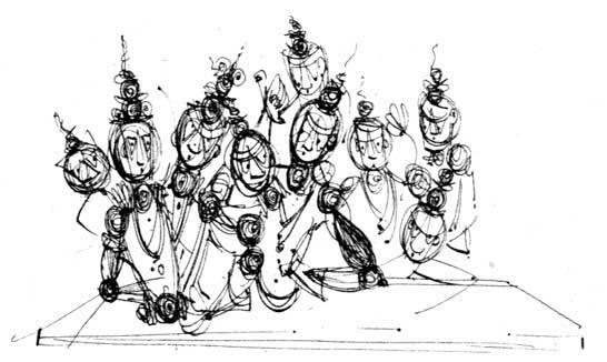A sketch of a group of man-like creatures.
