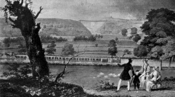 BRISTOL AND EXETER RAILWAY TRAIN BRINGING MAILS
TO BRISTOL ON THE DECLINE OF THE MAIL COACH SYSTEM ABOUT 1844
(CLIFTON BRIDGE ANTICIPATED BY THE ARTIST.)