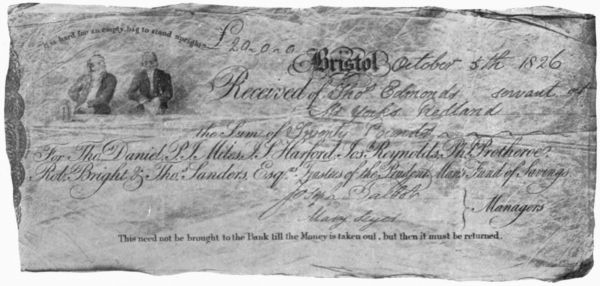 FACSIMILE OF A RECEIPT FOR £20 GIVEN BY THE
TRUSTEES OF THE BRISTOL PRUDENT MAN'S
FUND SUBMITTED FOR PAYMENT 78 YEARS AFTER ISSUE.