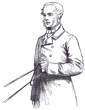 Man with reins in left hand, with last three fingers separating the reins