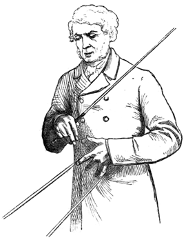 Man holding reins at full length in his left hand
