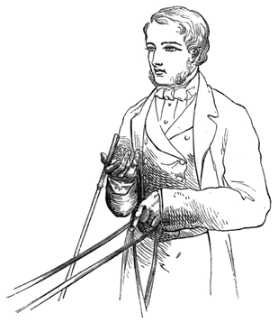 Man with reins in left hand, whip in right hand pointing down to touch right side