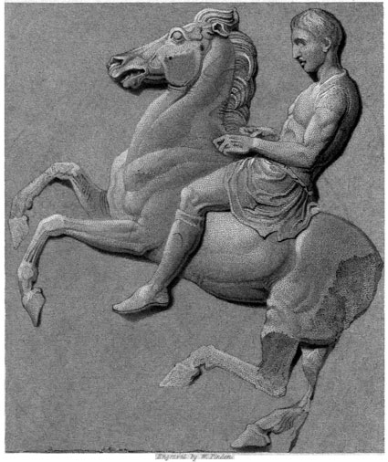 Engraving of marble relief of man sitting a rearing horse with no saddle or bridle