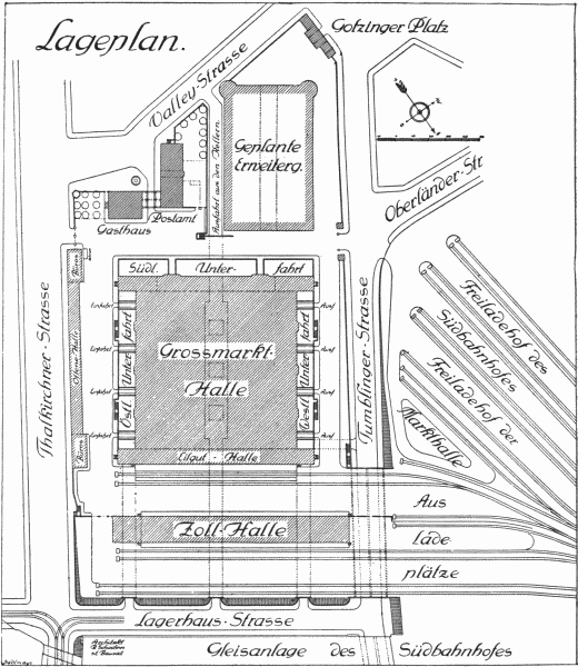 GROUND PLAN OF THE MUNICH MARKET

In front is seen the toll-house and receiving station, then the great
market hall and, in the upper part of the picture, the restaurant and
administration offices. The sidetracks on the right facilitate the rapid
distribution of produce sold at the market. Under the great market hall
are large refrigeration chambers connected directly with the railroad.