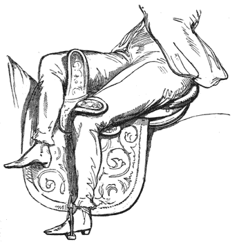Drawing of the lower torso and legs of a woman seated in an ornate side saddle
