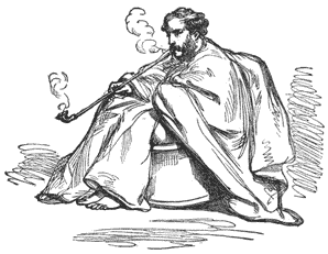 Man, wrapped in blanket and seated in a bath, smoking long pipe